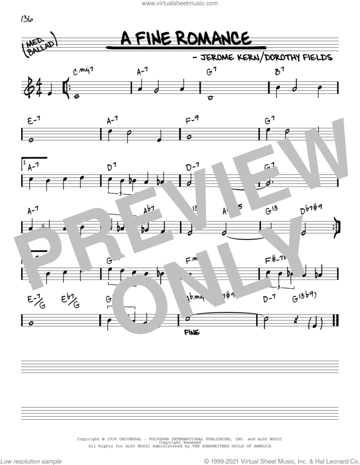 A Fine Romance [Reharmonized version] (arr. Jack Grassel) sheet music for voice and other instruments (real book) by Jerome Kern, Jack Grassel and Dorothy Fields, intermediate skill level