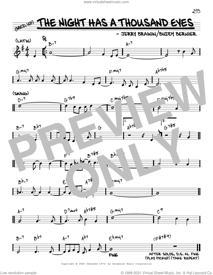 The Night Has A Thousand Eyes [Reharmonized version] (arr. Jack Grassel) sheet music for voice and other instruments (real book) by Buddy Bernier, Jack Grassel and Jerry Brainin, intermediate skill level