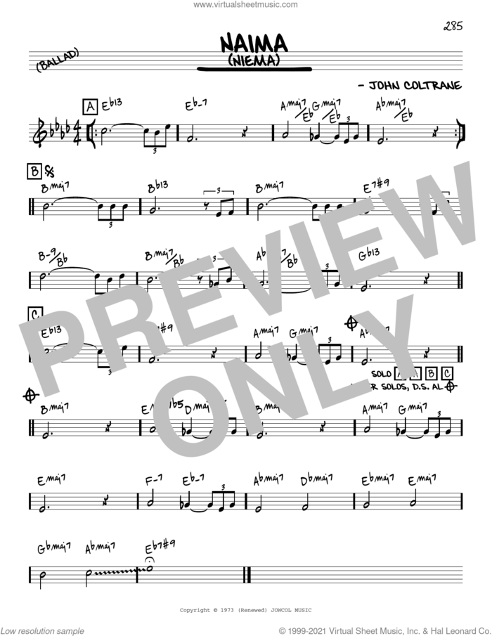 Naima (Niema) [Reharmonized version] (arr. Jack Grassel) sheet music for voice and other instruments (real book) by John Coltrane and Jack Grassel, intermediate skill level