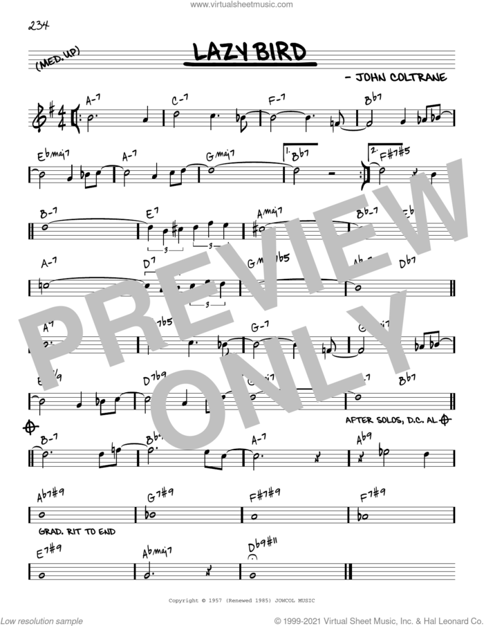 Lazy Bird [Reharmonized version] (arr. Jack Grassel) sheet music for voice and other instruments (real book) by John Coltrane and Jack Grassel, intermediate skill level
