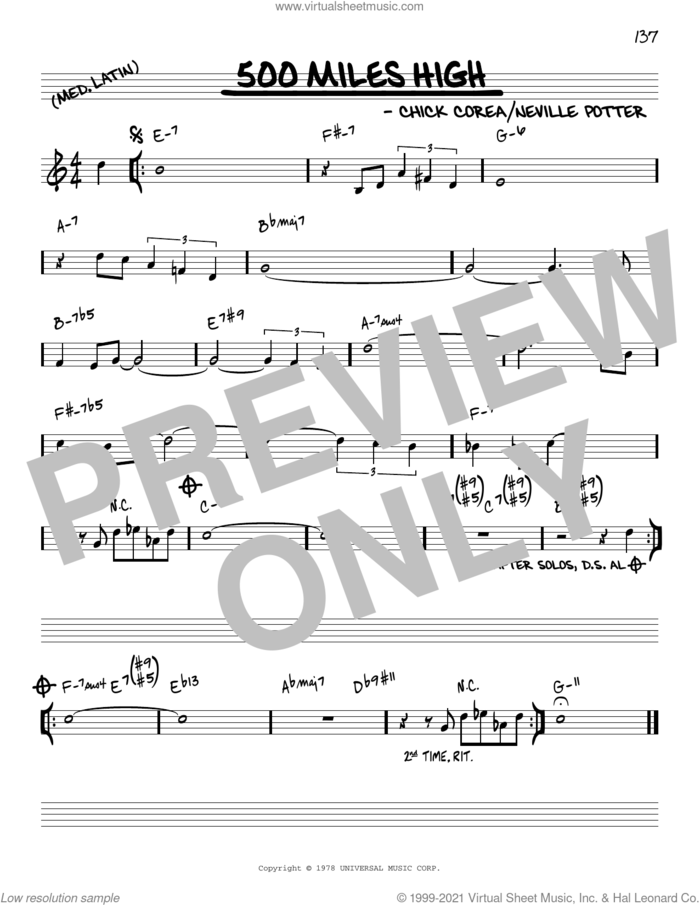 500 Miles High [Reharmonized version] (arr. Jack Grassel) sheet music for voice and other instruments (real book) by Chick Corea, Jack Grassel and Neville Potter, intermediate skill level