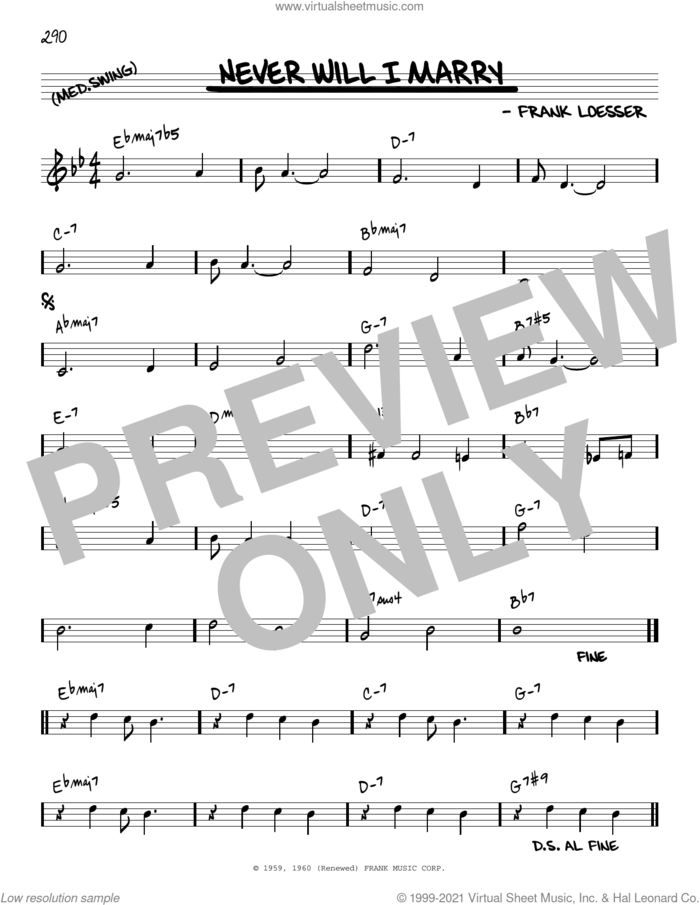Never Will I Marry [Reharmonized version] (arr. Jack Grassel) sheet music for voice and other instruments (real book) by Frank Loesser and Jack Grassel, intermediate skill level