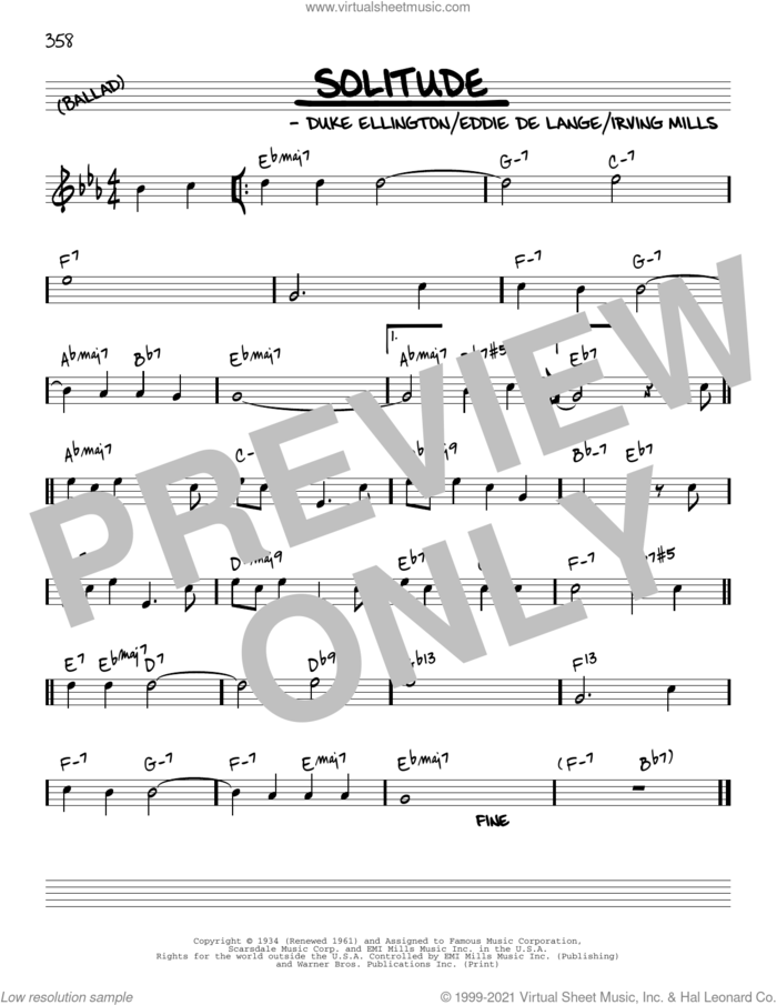 Solitude [Reharmonized version] (arr. Jack Grassel) sheet music for voice and other instruments (real book) by Duke Ellington, Jack Grassel, Eddie DeLange and Irving Mills, intermediate skill level