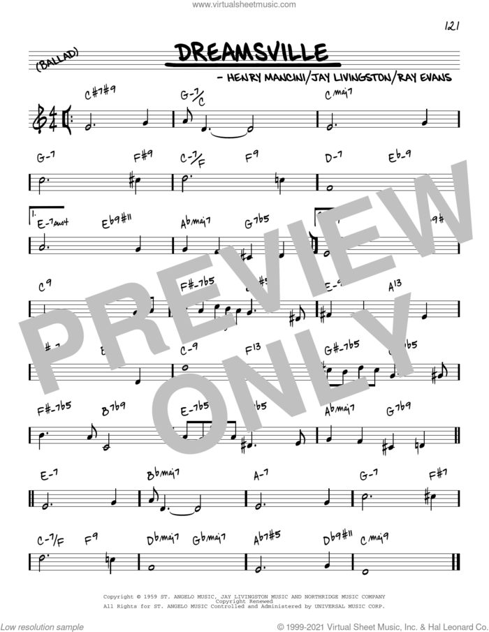 Dreamsville [Reharmonized version] (arr. Jack Grassel) sheet music for voice and other instruments (real book) by Henry Mancini, Jack Grassel, Jay Livingston and Ray Evans, intermediate skill level