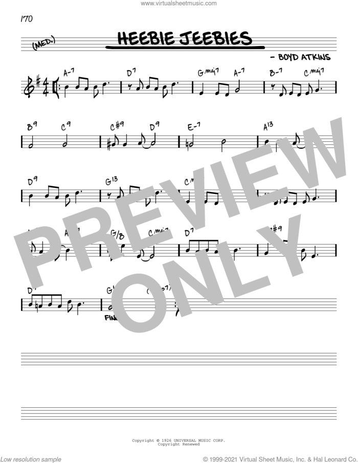 Heebie Jeebies [Reharmonized version] (arr. Jack Grassel) sheet music for voice and other instruments (real book) by Louis Armstrong, Jack Grassel and Boyd Atkins, intermediate skill level