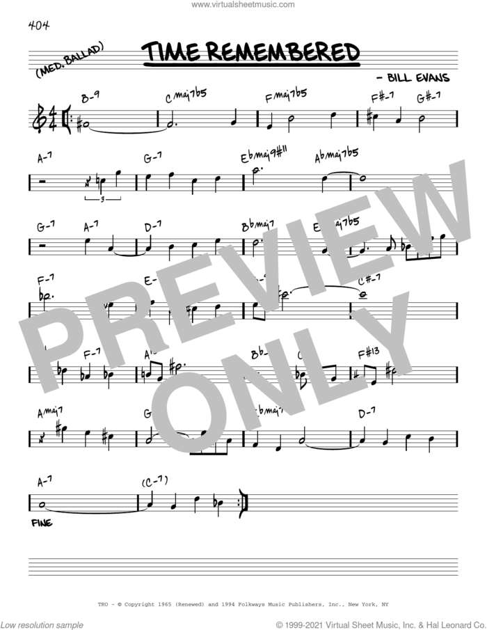 Time Remembered [Reharmonized version] (arr. Jack Grassel) sheet music for voice and other instruments (real book) by Bill Evans and Jack Grassel, intermediate skill level