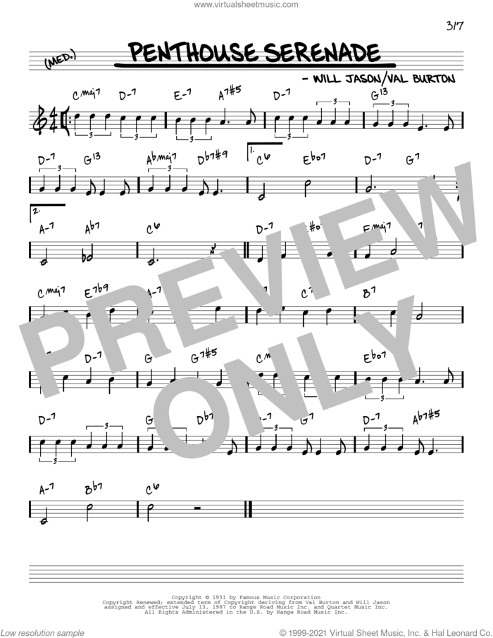 Penthouse Serenade [Reharmonized version] (arr. Jack Grassel) sheet music for voice and other instruments (real book) by Will Jason, Jack Grassel and Val Burton, intermediate skill level