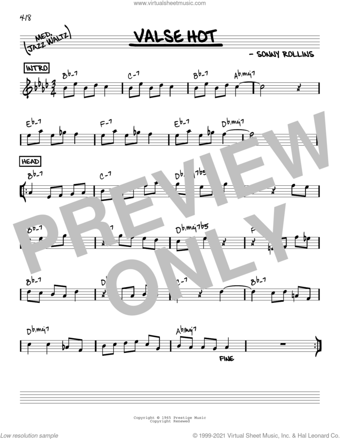 Valse Hot [Reharmonized version] (arr. Jack Grassel) sheet music for voice and other instruments (real book) by Sonny Rollins and Jack Grassel, intermediate skill level