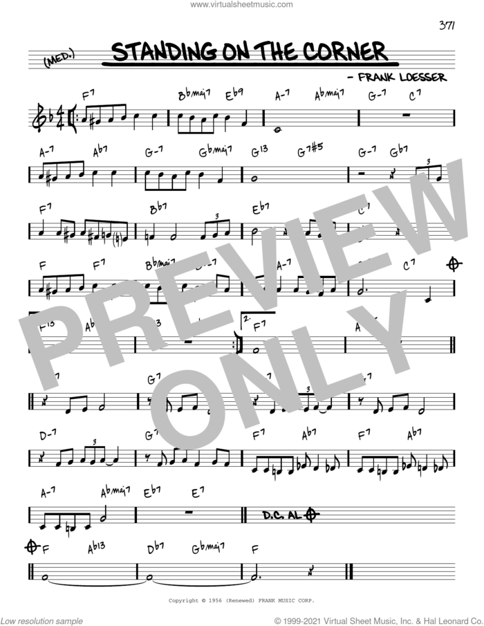 Standing On The Corner [Reharmonized version] (arr. Jack Grassel) sheet music for voice and other instruments (real book) by Frank Loesser, Jack Grassel and The Four Lads, intermediate skill level