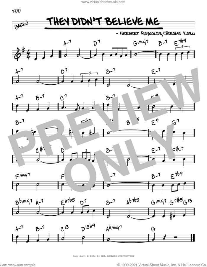 They Didn't Believe Me [Reharmonized version] (arr. Jack Grassel) sheet music for voice and other instruments (real book) by Jerome Kern, Jack Grassel and Herbert Reynolds, intermediate skill level