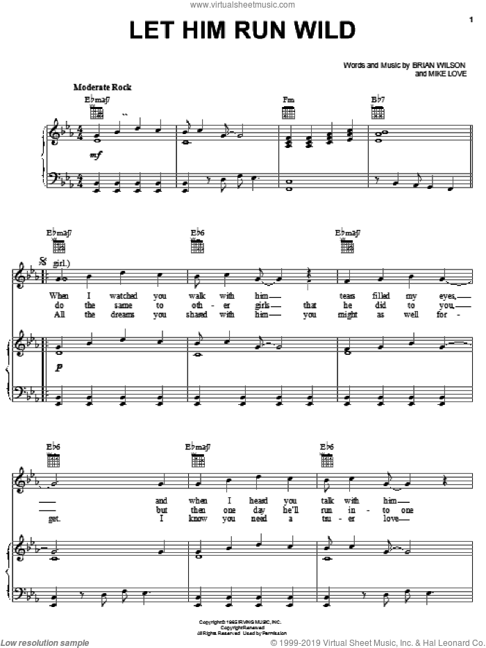 Let Him Run Wild sheet music for voice, piano or guitar by The Beach Boys, Brian Wilson and Mike Love, intermediate skill level
