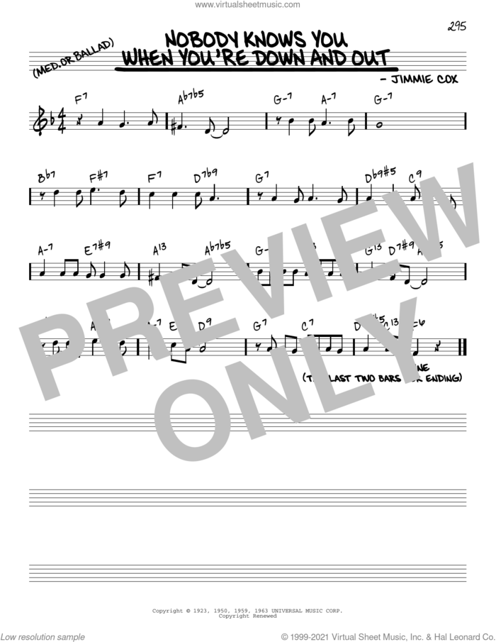 Nobody Knows You When You're Down And Out [Reharmonized version] (arr. Jack Grassel) sheet music for voice and other instruments (real book) by Jimmie Cox, Jack Grassel and Eric Clapton, intermediate skill level