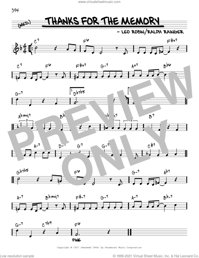 Thanks For The Memory [Reharmonized version] (arr. Jack Grassel) sheet music for voice and other instruments (real book) by Leo Robin, Jack Grassel and Ralph Rainger, intermediate skill level