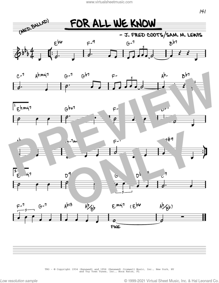 For All We Know [Reharmonized version] (arr. Jack Grassel) sheet music for voice and other instruments (real book) by J. Fred Coots, Jack Grassel and Sam Lewis, intermediate skill level