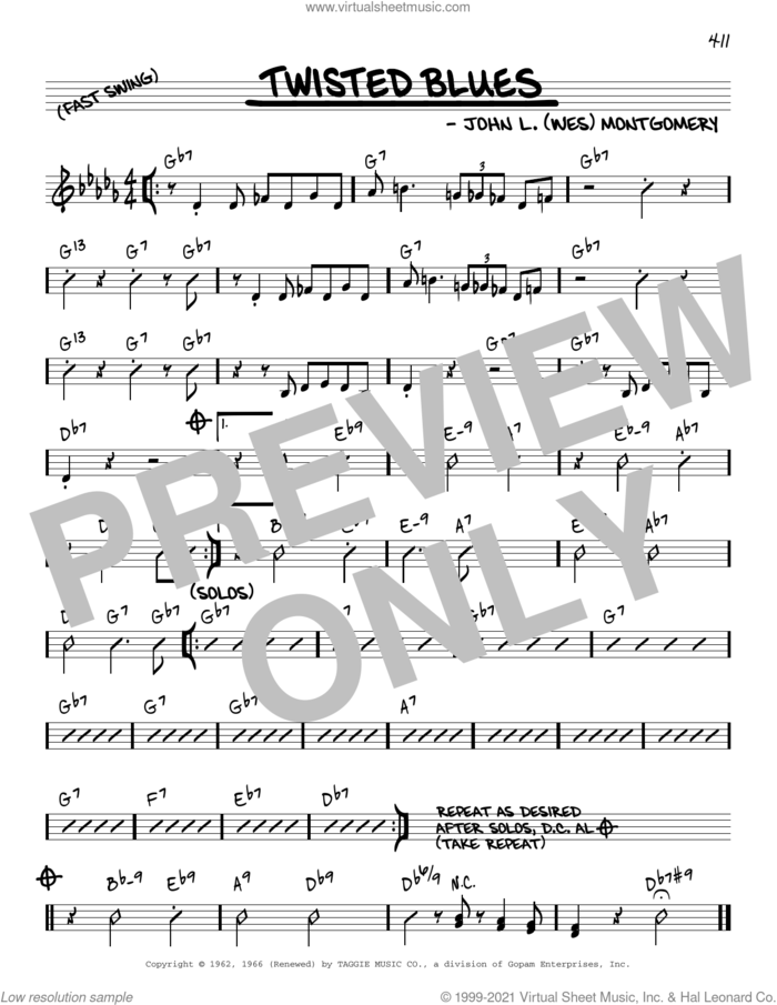 Twisted Blues [Reharmonized version] (arr. Jack Grassel) sheet music for voice and other instruments (real book) by Wes Montgomery and Jack Grassel, intermediate skill level