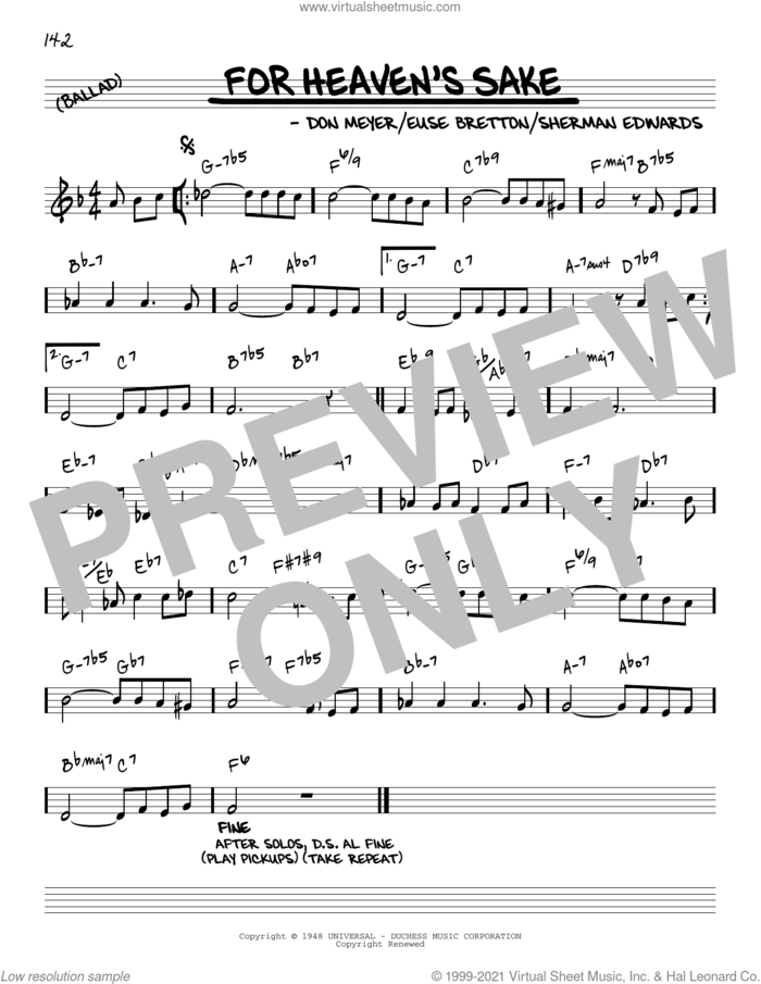 For Heaven's Sake [Reharmonized version] (arr. Jack Grassel) sheet music for voice and other instruments (real book) by Claude Thornhill, Jack Grassel, Don Meyer, Elise Bretton and Sherman Edwards, intermediate skill level