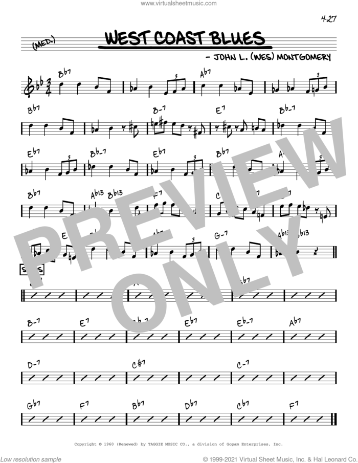 West Coast Blues [Reharmonized version] (arr. Jack Grassel) sheet music for voice and other instruments (real book) by Wes Montgomery, Jack Grassel and Sascha Burland, intermediate skill level