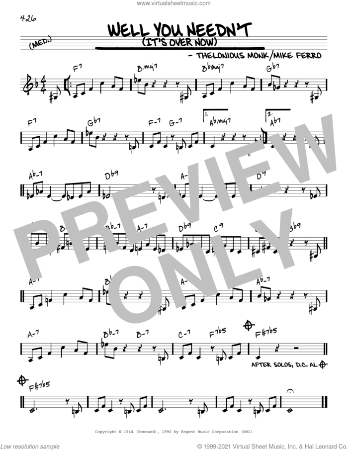 Well You Needn't (It's Over Now) [Reharmonized version] (arr. Jack Grassel) sheet music for voice and other instruments (real book) by Thelonious Monk, Jack Grassel and Mike Ferro, intermediate skill level
