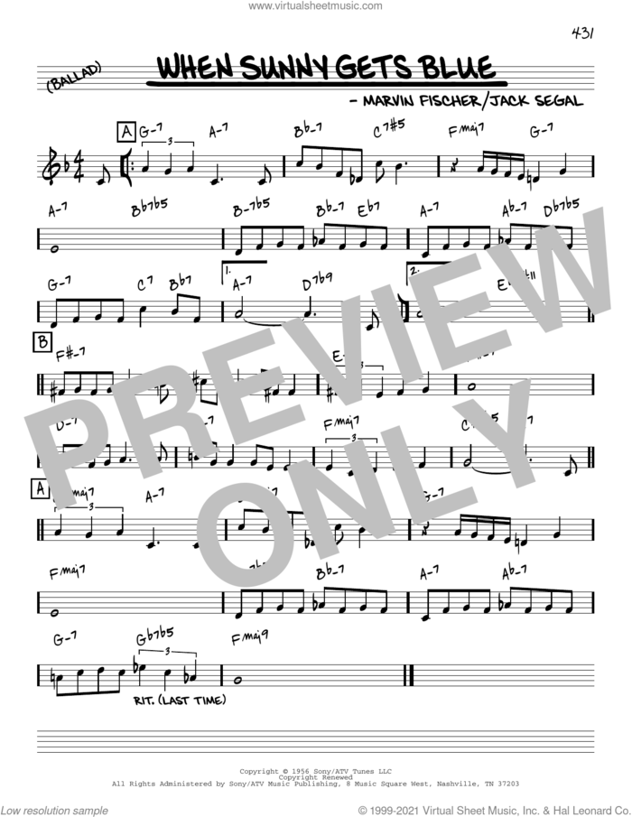 When Sunny Gets Blue [Reharmonized version] (arr. Jack Grassel) sheet music for voice and other instruments (real book) by Marvin Fisher, Jack Grassel and Jack Segal, intermediate skill level