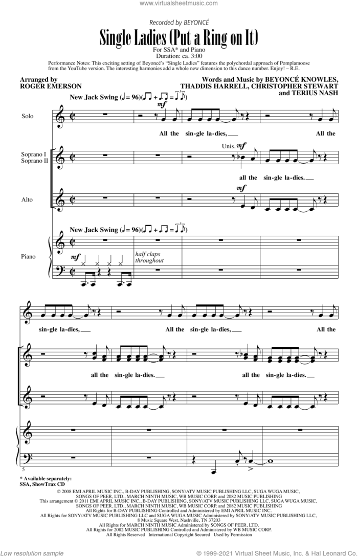 Single Ladies (Put A Ring On It) (arr. Roger Emerson) sheet music for choir (SSA: soprano, alto) by Beyonce, Roger Emerson, Christopher Stewart, Terius Nash and Thaddis Harrell, intermediate skill level