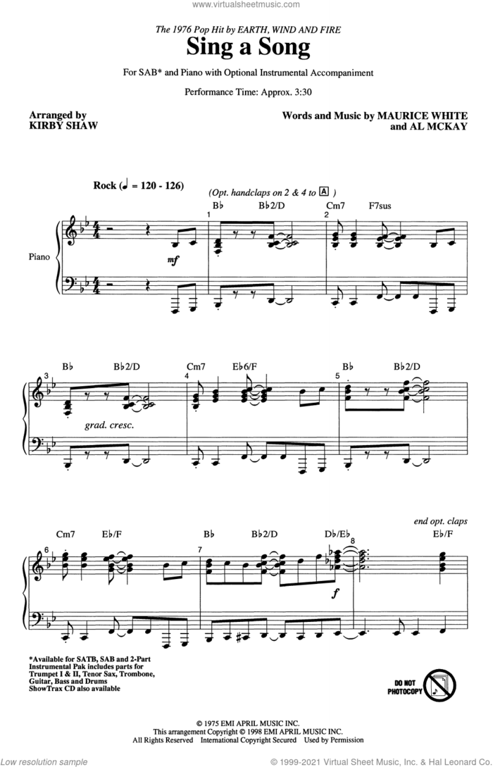 Sing A Song (arr. Kirby Shaw) sheet music for choir (SAB: soprano, alto, bass) by Earth, Wind & Fire, Kirby Shaw, Al McKay and Maurice White, intermediate skill level