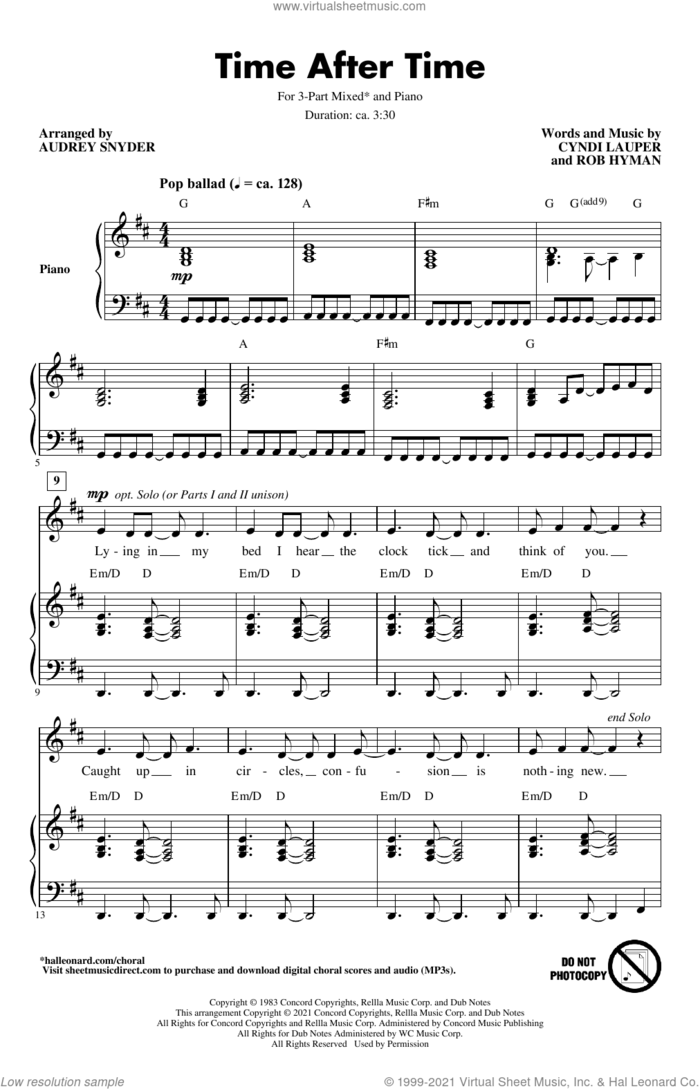Time After Time (arr. Audrey Snyder) sheet music for choir (3-Part Mixed) by Cyndi Lauper, Audrey Snyder and Rob Hyman, intermediate skill level