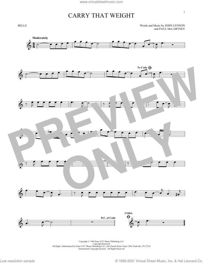 Carry That Weight sheet music for Hand Bells Solo (bell solo) by The Beatles, John Lennon and Paul McCartney, intermediate Hand Bells Solo (bell)
