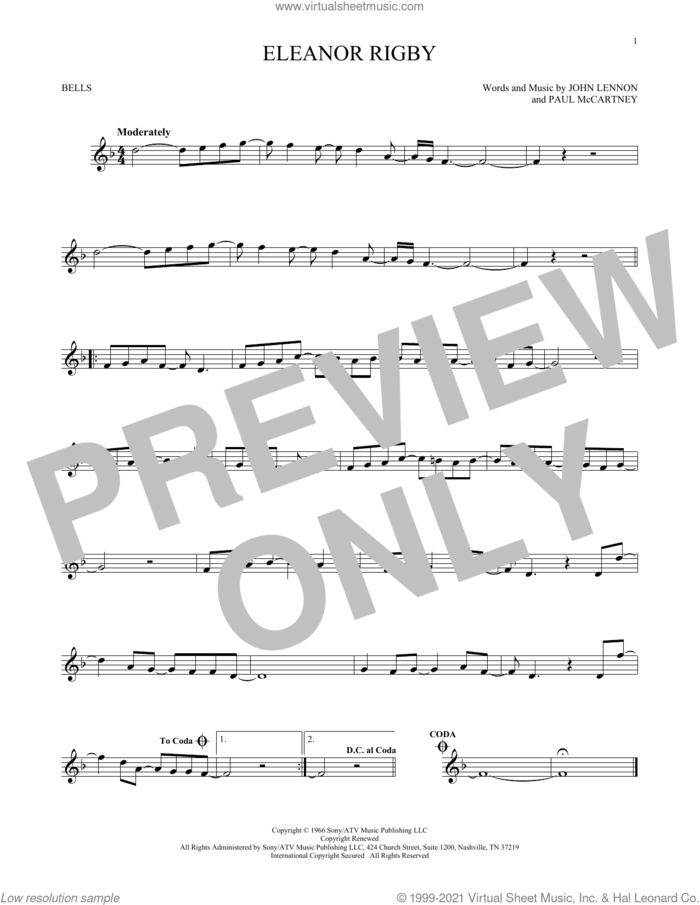 Eleanor Rigby sheet music for Hand Bells Solo (bell solo) by The Beatles, John Lennon and Paul McCartney, intermediate Hand Bells Solo (bell)