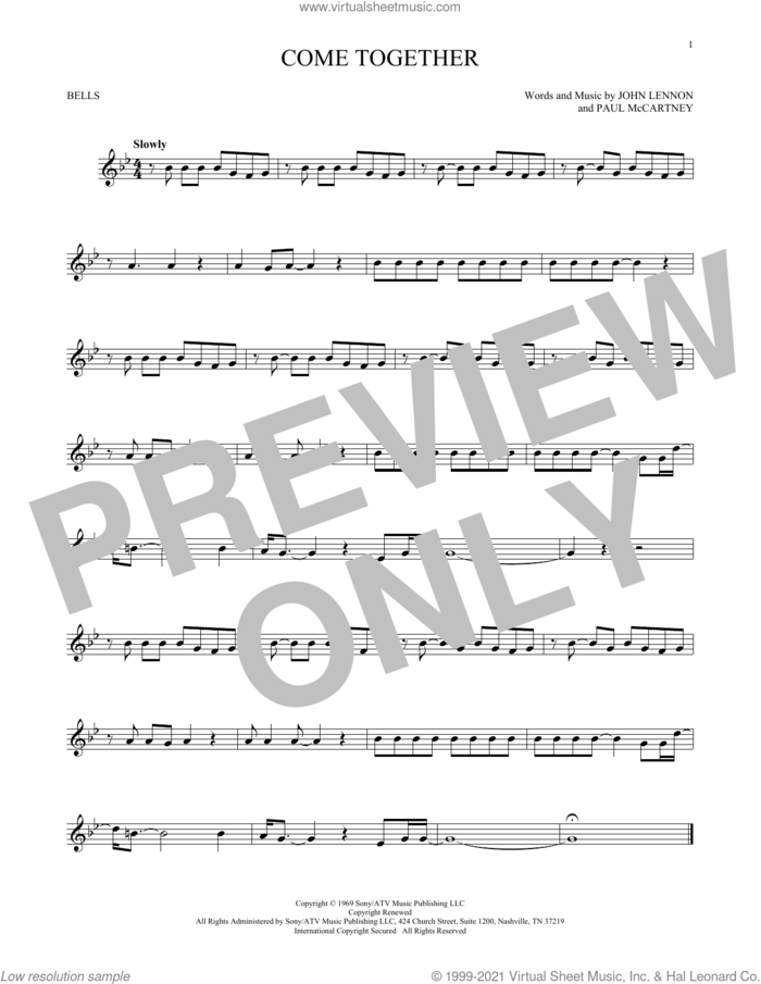 Come Together sheet music for Hand Bells Solo (bell solo) by The Beatles, Aerosmith, John Lennon and Paul McCartney, intermediate Hand Bells Solo (bell)