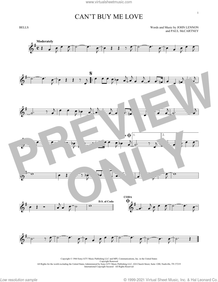 Can't Buy Me Love sheet music for Hand Bells Solo (bell solo) by The Beatles, John Lennon and Paul McCartney, intermediate Hand Bells Solo (bell)