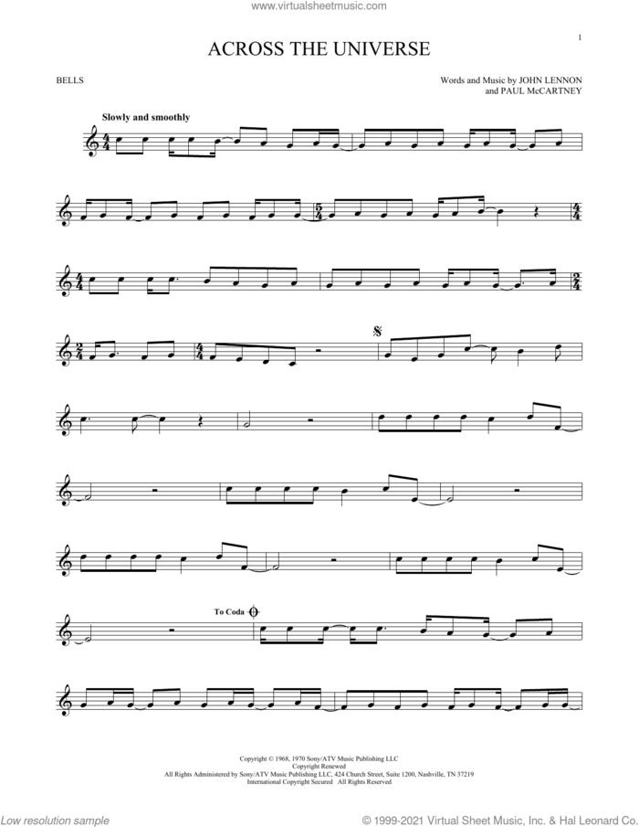 Across The Universe sheet music for Hand Bells Solo (bell solo) by The Beatles, John Lennon and Paul McCartney, intermediate Hand Bells Solo (bell)