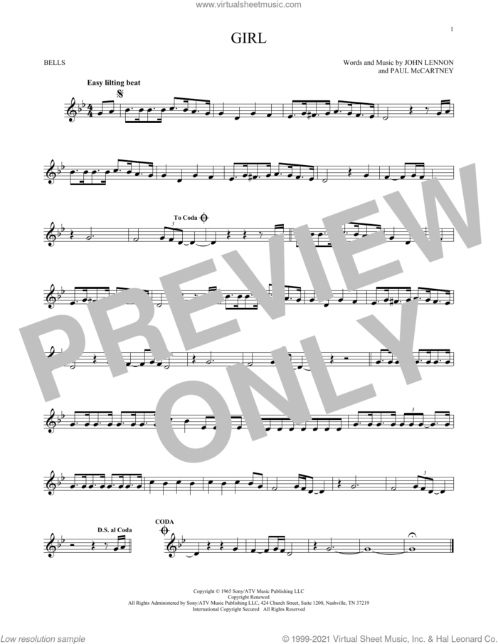 Girl sheet music for Hand Bells Solo (bell solo) by The Beatles, John Lennon and Paul McCartney, intermediate Hand Bells Solo (bell)