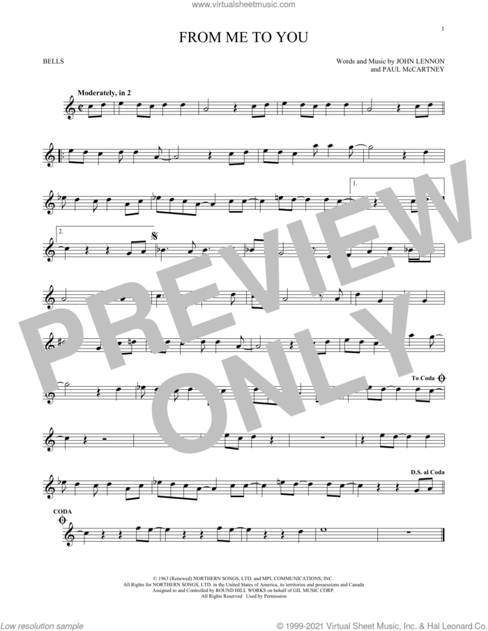 From Me To You sheet music for Hand Bells Solo (bell solo) by The Beatles, John Lennon and Paul McCartney, intermediate Hand Bells Solo (bell)