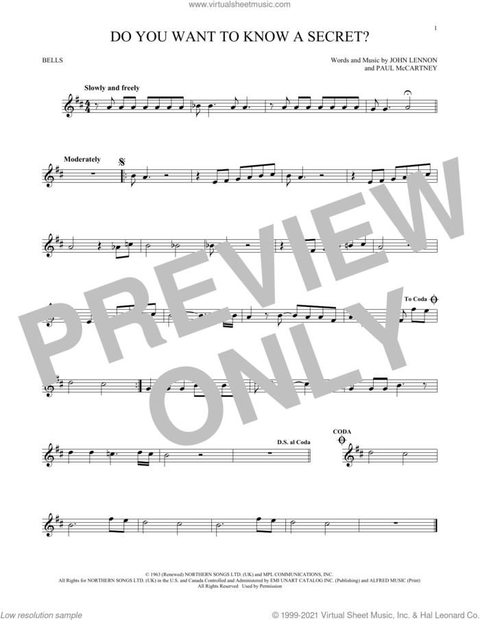 Do You Want To Know A Secret? sheet music for Hand Bells Solo (bell solo) by The Beatles, John Lennon and Paul McCartney, intermediate Hand Bells Solo (bell)