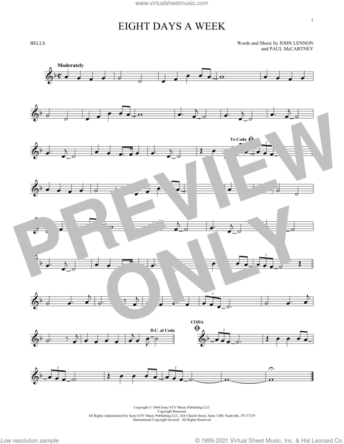 Eight Days A Week sheet music for Hand Bells Solo (bell solo) by The Beatles, John Lennon and Paul McCartney, intermediate Hand Bells Solo (bell)