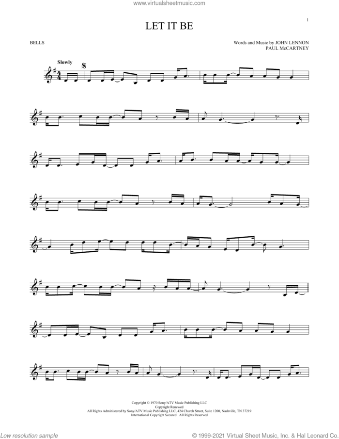 Let It Be sheet music for Hand Bells Solo (bell solo) by The Beatles, John Lennon and Paul McCartney, intermediate Hand Bells Solo (bell)