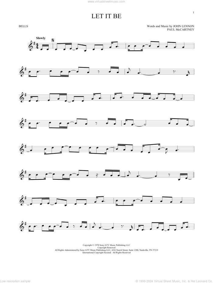 Let It Be sheet music for Hand Bells Solo (bell solo) by The Beatles, John Lennon and Paul McCartney, intermediate Hand Bells Solo (bell)