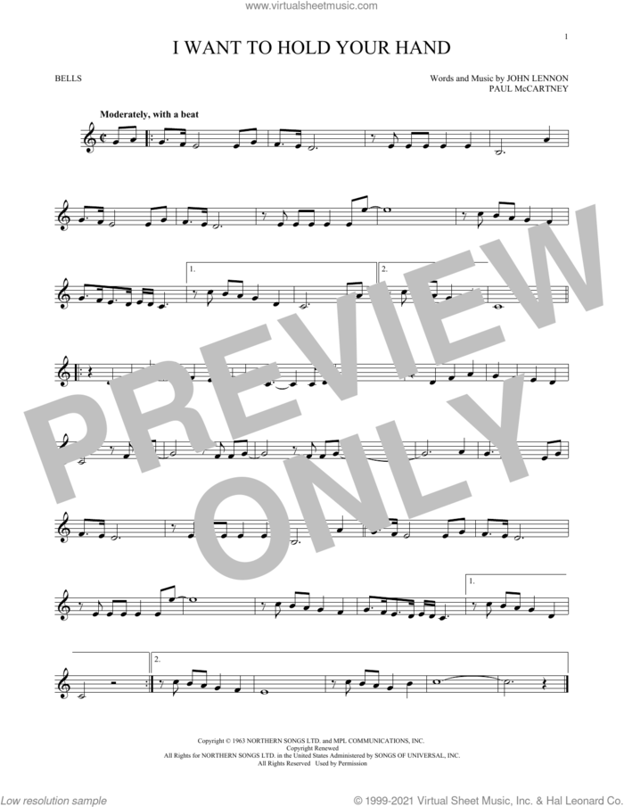I Want To Hold Your Hand sheet music for Hand Bells Solo (bell solo) by The Beatles, John Lennon and Paul McCartney, intermediate Hand Bells Solo (bell)