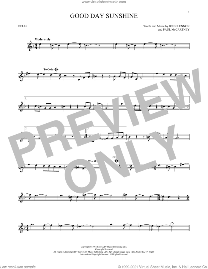 Good Day Sunshine sheet music for Hand Bells Solo (bell solo) by The Beatles, John Lennon and Paul McCartney, intermediate Hand Bells Solo (bell)