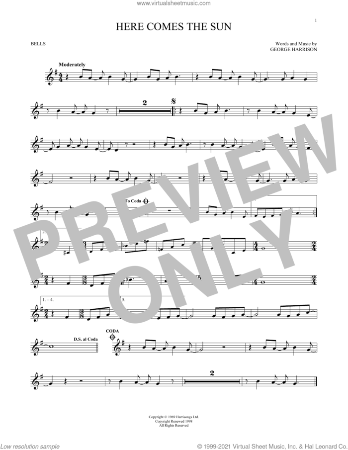 Here Comes The Sun sheet music for Hand Bells Solo (bell solo) by The Beatles and George Harrison, intermediate Hand Bells Solo (bell)