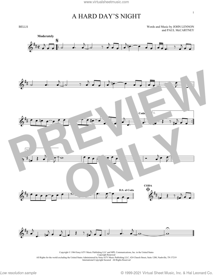 A Hard Day's Night sheet music for Hand Bells Solo (bell solo) by The Beatles, John Lennon and Paul McCartney, intermediate Hand Bells Solo (bell)
