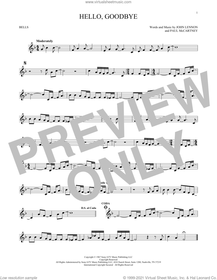 Hello, Goodbye sheet music for Hand Bells Solo (bell solo) by The Beatles, John Lennon and Paul McCartney, intermediate Hand Bells Solo (bell)