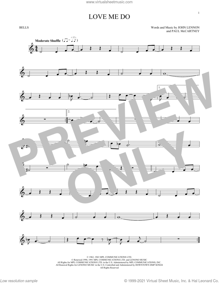 Love Me Do sheet music for Hand Bells Solo (bell solo) by The Beatles, John Lennon and Paul McCartney, intermediate Hand Bells Solo (bell)