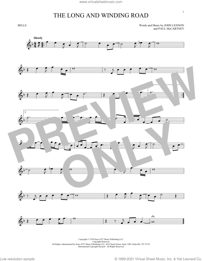 The Long And Winding Road sheet music for Hand Bells Solo (bell solo) by The Beatles, John Lennon and Paul McCartney, intermediate Hand Bells Solo (bell)