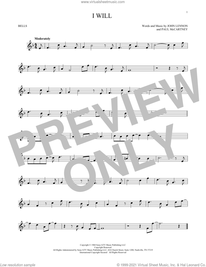 I Will sheet music for Hand Bells Solo (bell solo) by The Beatles, John Lennon and Paul McCartney, wedding score, intermediate Hand Bells Solo (bell)