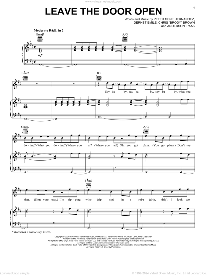 Leave The Door Open sheet music for voice, piano or guitar by Bruno Mars, Anderson .Paak & Silk Sonic, Anderson .Paak, Silk Sonic, Brandon Paak Anderson, Bruno Mars, Christopher Brody Brown and Dernst Emile, intermediate skill level