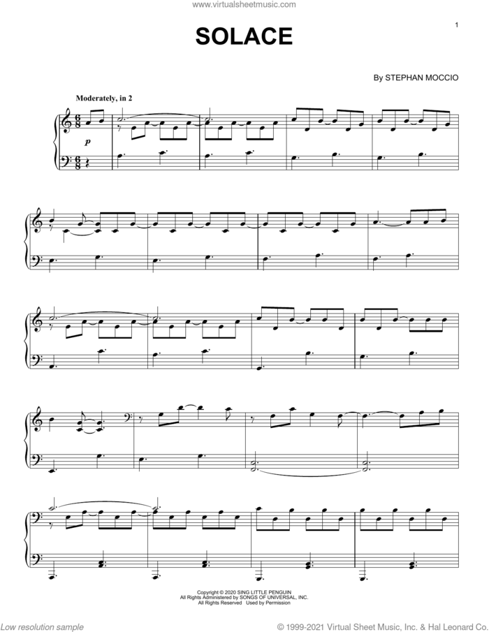 Solace sheet music for piano solo by Stephan Moccio, intermediate skill level