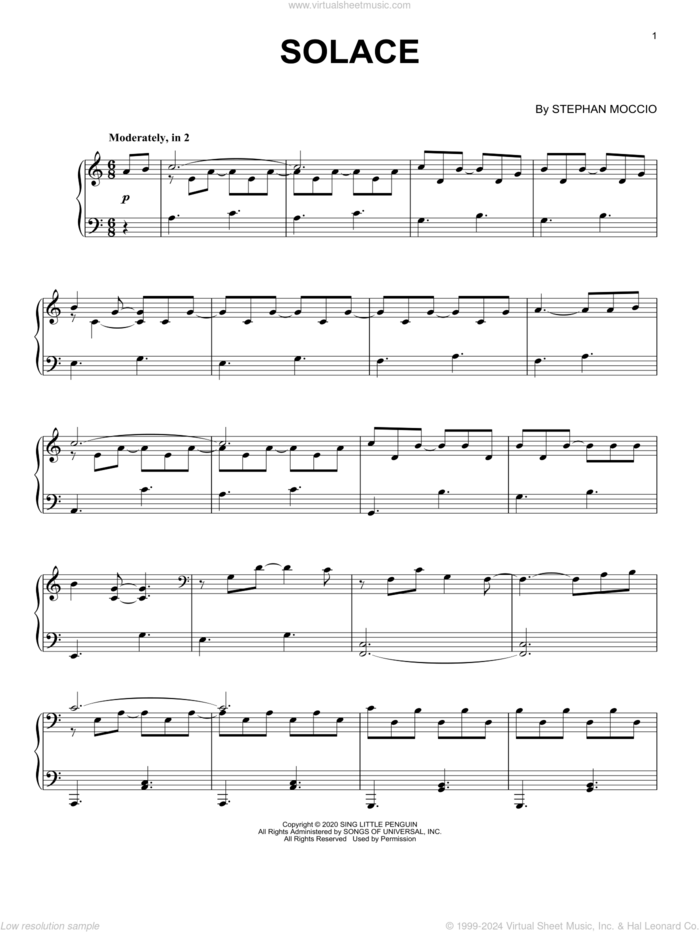 Solace sheet music for piano solo by Stephan Moccio, intermediate skill level