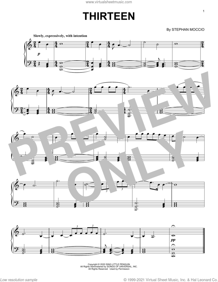 Thirteen sheet music for piano solo by Stephan Moccio, intermediate skill level