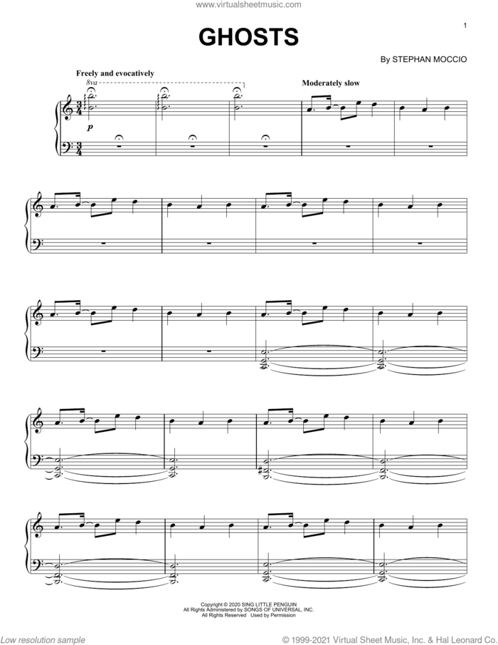 Ghosts sheet music for piano solo by Stephan Moccio, intermediate skill level